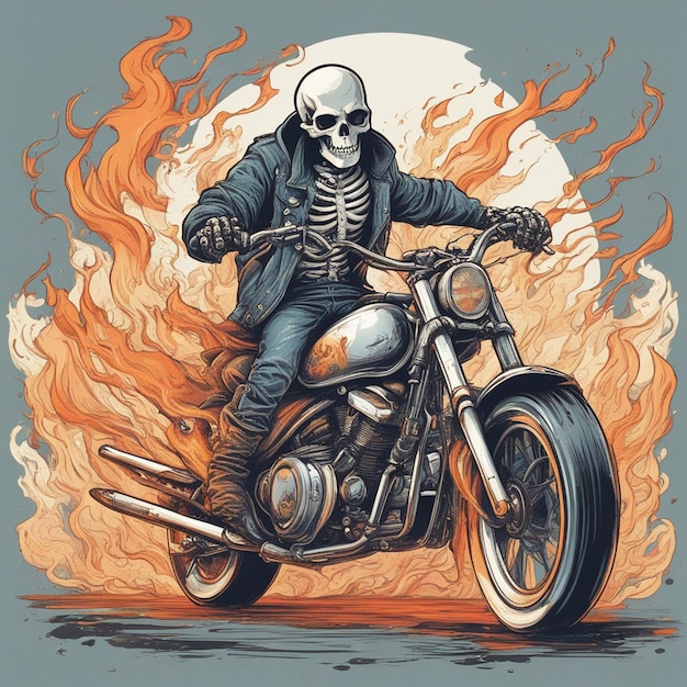 Ein Skelett, das auf einem Motorrad fährt und eine Jacke und Jeans mit Feuer-T-Shirt-Design-Vektor trägt, ist bereit