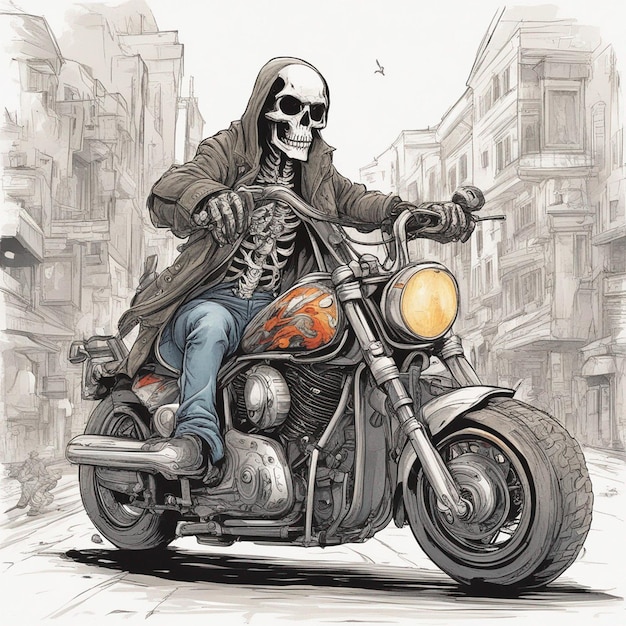 Ein Skelett, das auf einem Motorrad fährt und eine Jacke und Jeans mit Feuer-T-Shirt-Design-Vektor trägt, ist bereit