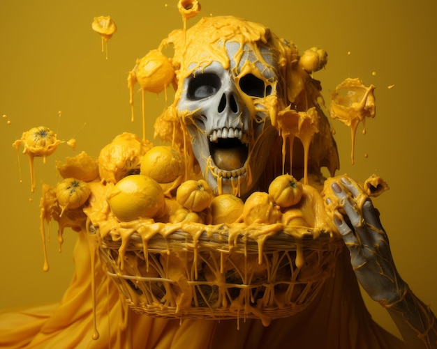 ein Skelett, das einen Korb voller Orangen hält