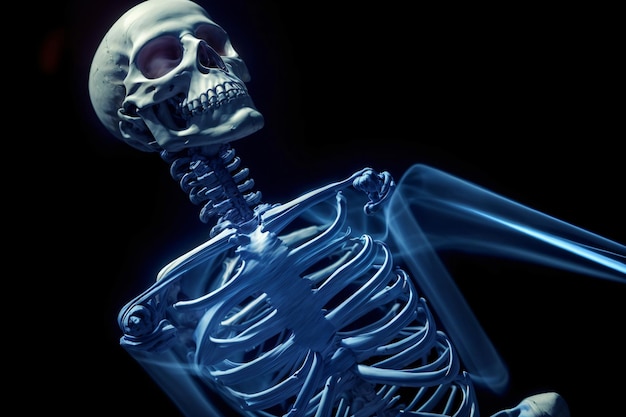 Ein Skelett, das im Dunkeln sitzt
