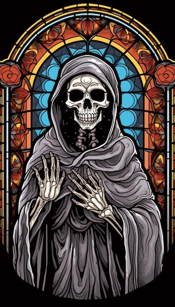 Ein Skelett in einer Robe hält ein Messer vor einem Buntfenster.