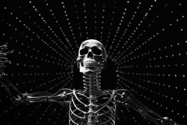 Foto ein skelett mit einem schild mit der aufschrift „knochen“.