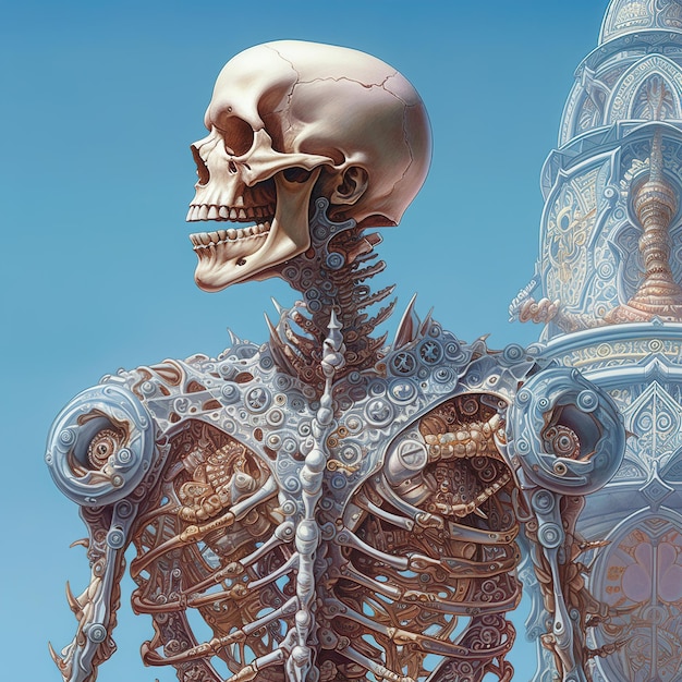 Ein Skelett mit einem Totenkopf darauf und einem blauen Himmel dahinter