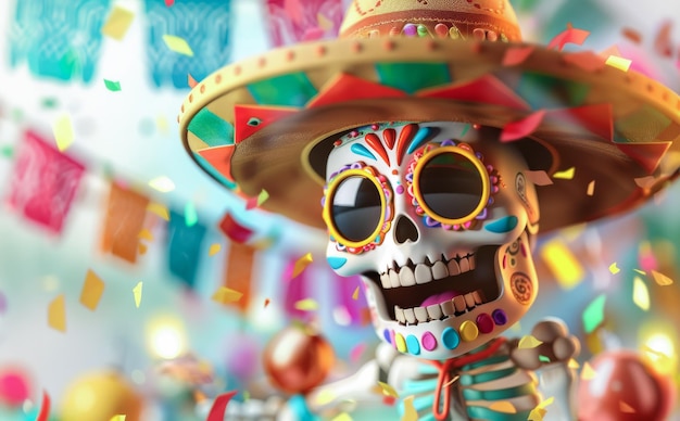 Ein Skelett mit Sombrero und Sonnenbrille lächelt