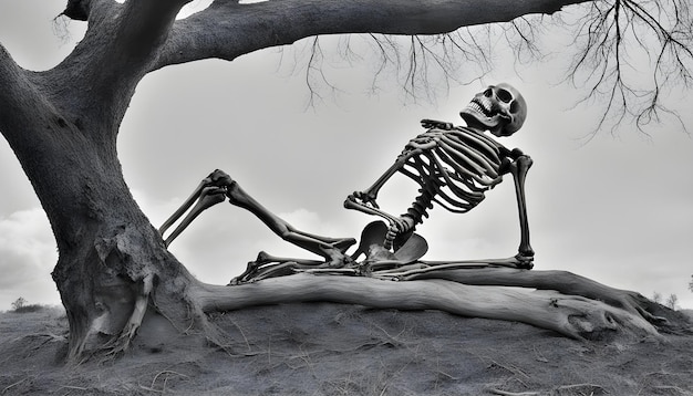 Foto ein skelett sitzt auf einem baum mit einem baumzweig im hintergrund