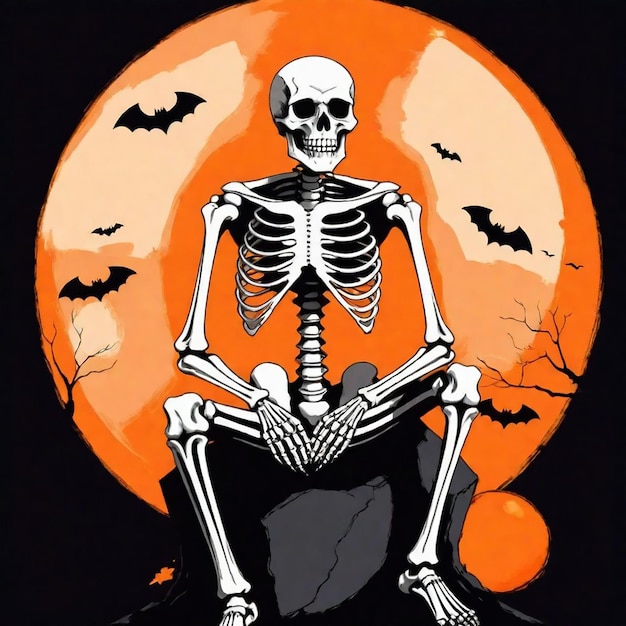 ein Skelett sitzt auf einem Felsen mit einem Schild, auf dem steht Skelett