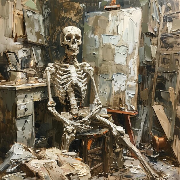 Foto ein skelett sitzt in einem raum mit einem stuhl und einem stuhl