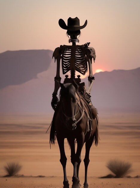 Ein skelettierter Cowboy steht hoch in der sengenden Wüste, sein zerfetzter Hut wirft einen langen Schatten