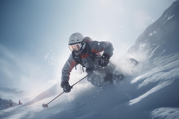 Ein Skifahrer, der einen Helm und eine Schutzbrille trägt, fährt einen schneebedeckten Berg hinunter.