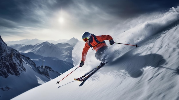 Ein Skifahrer fährt einen Berg hinunter, im Hintergrund scheint die Sonne