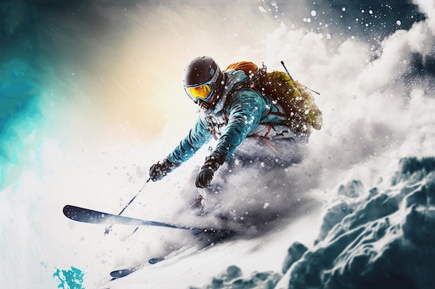 Ein Skifahrer fährt mit blauer Jacke und gelbem Helm einen Berg hinunter.