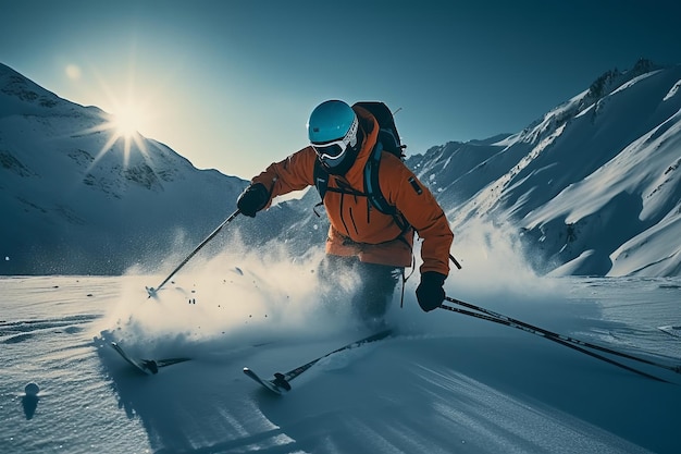 Ein Skifahrer in einem Skigebiet, hinter dem die Sonne auf den Berg scheint.