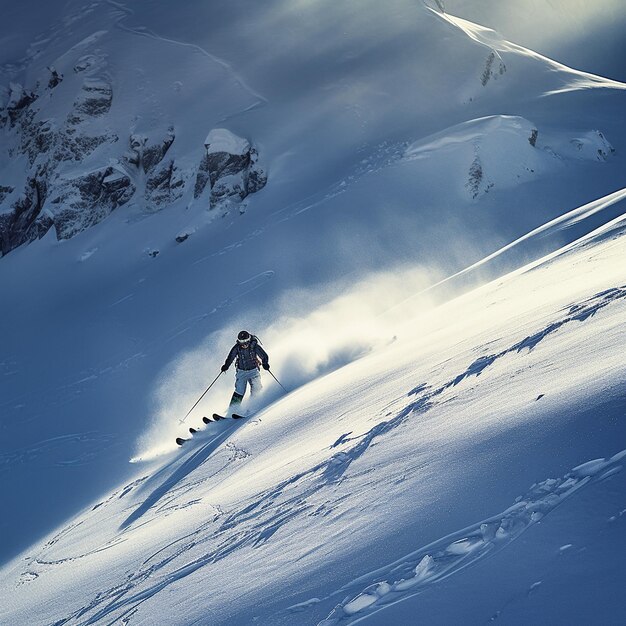 Ein Skifahrer in einer blauen Jacke fährt auf dem Schnee