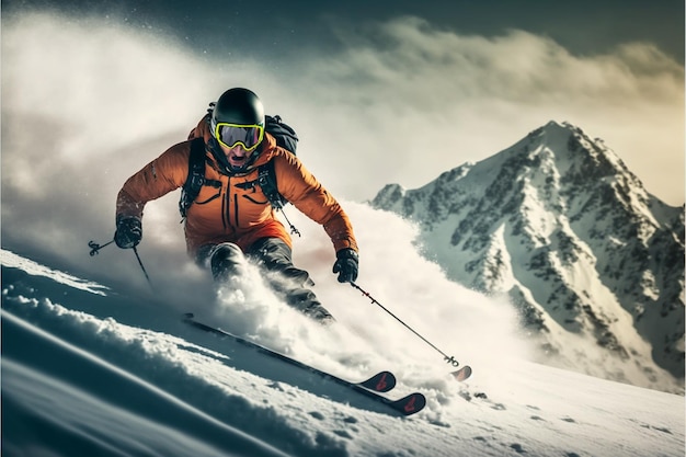 Ein Skifahrer in einer orangefarbenen Jacke fährt einen verschneiten Berg hinunter.