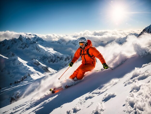 Ein Skifahrer in lebendiger Kleidung schwebt durch die Luft gegen einen klaren blauen Himmel mit Schneeteilchen.