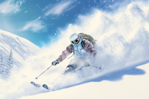ein Skifahrer mit Rucksack und Rucksacke fährt einen schneebedeckten Berg hinunter.