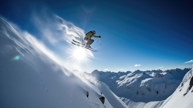 Ein Skifahrer springt von einem Berg, die Sonne scheint auf den Berg hinter ihm.