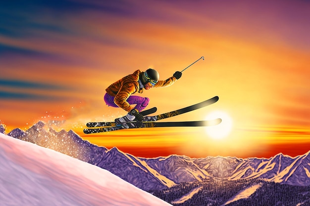 Ein Skifahrer springt von einem Berg, im Hintergrund ist ein Sonnenuntergang zu sehen.