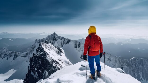 Ein Skifahrer steht auf einem schneebedeckten Berggipfel