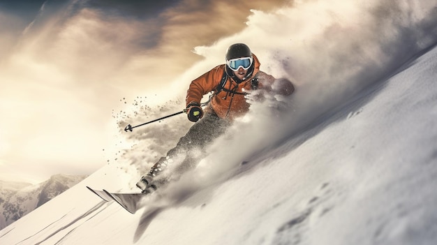 Foto ein skifahrer steigt von einem schneeberg ab