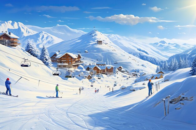Foto ein skigebiet mit schnee im winter mit skifahrern
