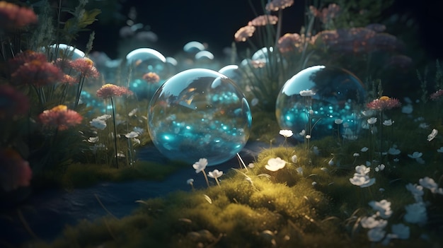 Ein skurriler Garten mit leuchtenden durchscheinenden Glasblumen Generative KI