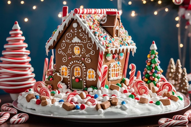 Ein skurriles und fantastisches Pfefferbrötchenhaus, umgeben von Süßigkeiten, Stäbchen, Locker