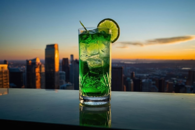 ein Skyline Fizz-Cocktail in einem Highball-Glas mit lebendiger blauer Farbe