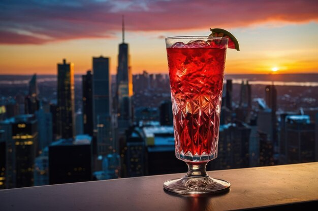 ein Skyline Fizz-Cocktail in einem Highball-Glas mit leuchtend roter Farbe
