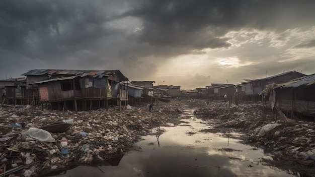 Ein Slumgebiet mit dunklem Himmel und einem Mülleimer im Vordergrund.