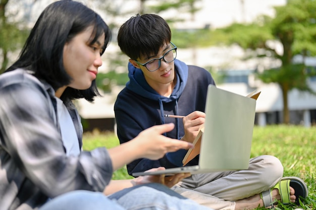 Ein smarter asiatischer College-Student gibt seiner Freundin im Universitätspark Nachhilfe in Mathematik