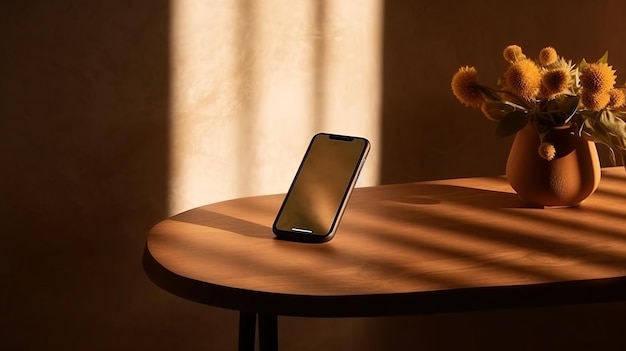 Ein Smartphone, das auf einem Holzschreibtisch liegt und mit generativer KI-Technologie erstellt wurde