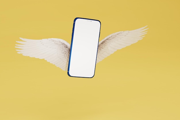 Ein Smartphone, das auf Flügeln auf gelbem Hintergrund fliegt, kopieren, einfügen, kopieren, Raum 3d rendern
