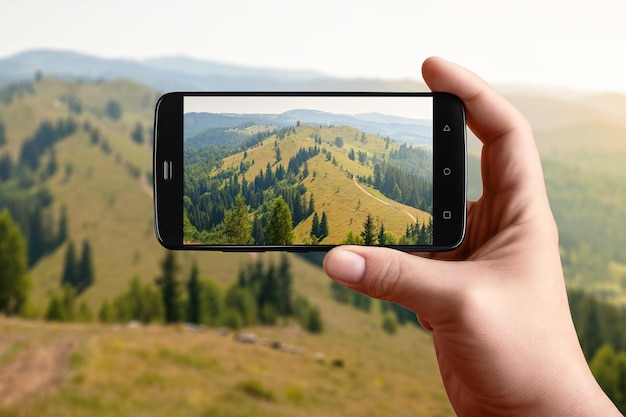 Ein Smartphone in der Hand fotografiert die Natur der Berge auf dem Bildschirm