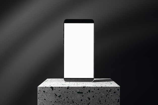 Ein Smartphone mit einem leeren Bildschirm, der auf einem Betonpietestal gegen einen dunklen Gradienten-Hintergrund platziert ist, der ein Technologie-Showcase-Konzept darstellt 3D-Rendering