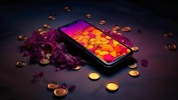 Ein Smartphone mit einer App auf einem Haufen tummelnden Bitcoins