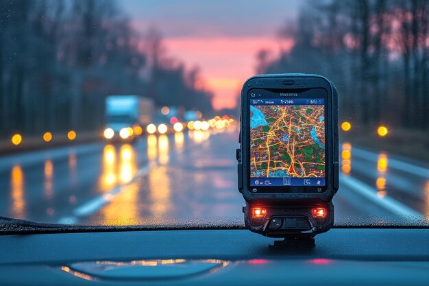 Ein Smartphone mit einer Navigations-App ist auf dem Armaturenbrett eines Autos montiert. Das Telefon zeigt eine Karte und das Auto fährt nachts auf einer Autobahn. Die Scheinwerfer anderer Autos sind im Hintergrund sichtbar.