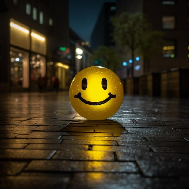 Ein Smiley-Ball auf einer Backsteinstraße in der Nacht