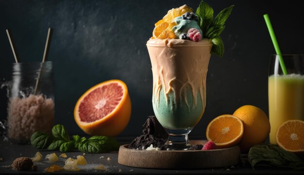 Ein Smoothie mit Heidelbeer-Topping steht auf einem Tisch neben einer angeschnittenen Orange.