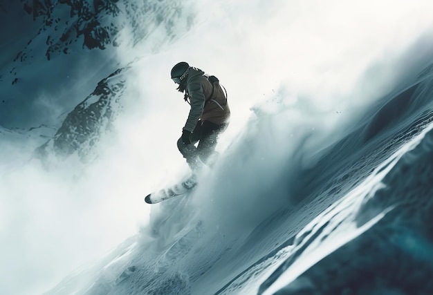Ein Snowboarder in voller Ausrüstung steigt von einem schneebedeckten Berg ab, der von unberührtem Schnee und felsigen Gipfeln umgeben ist.