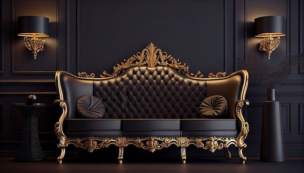 Ein Sofa in einem dunklen Raum mit goldenen Akzenten und schwarzem Hintergrund.