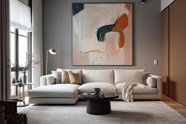 Ein Sofa mit einem großen abstrakten Gemälde an der Wand dahinter Direkter Blick auf die Wand Generative KI