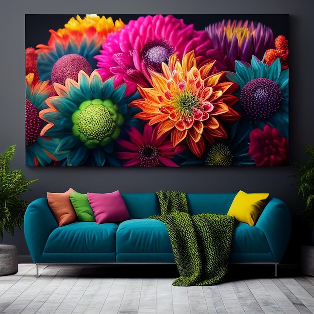 Ein Sofa mit einem hellen Blumengemälde an der Wand Generative KI