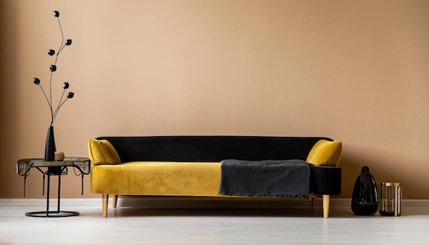 Ein Sofa mit schwarzem und gelbem Samtstoff Wandmodell gemalt leerer Hintergrund