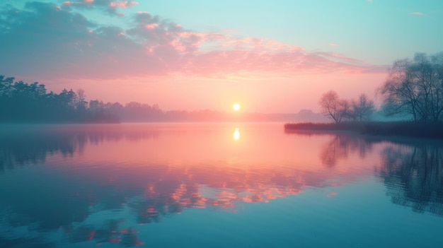 Ein Softfocus-Bild eines pastellfarbenen Sonnenaufgangs über einem ruhigen See