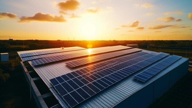 ein Solarpanel auf der Spitze eines Gebäudes, hinter dem die Sonne untergeht