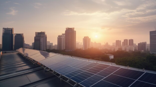 Ein Solarpanel auf einem Dach mit einer Stadt im Hintergrund