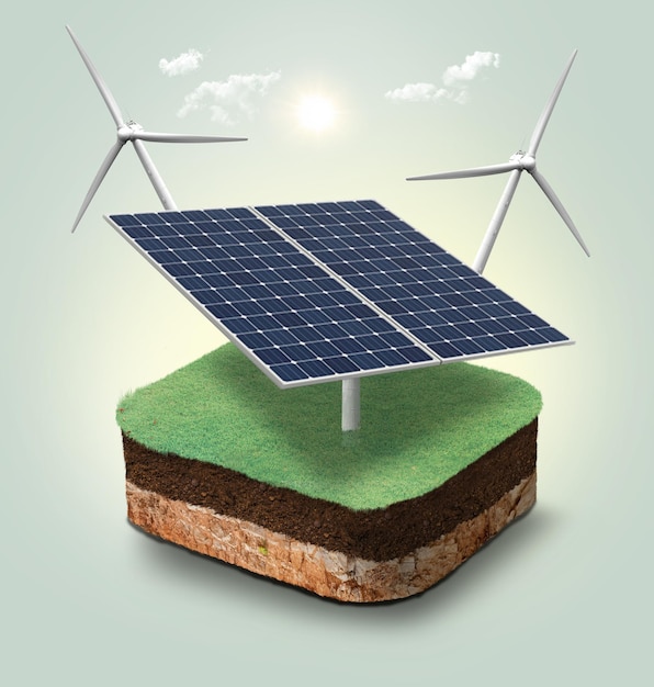 Ein Solarpanel ist von einer Wiese und einem Feld mit Windkraftanlagen umgeben.