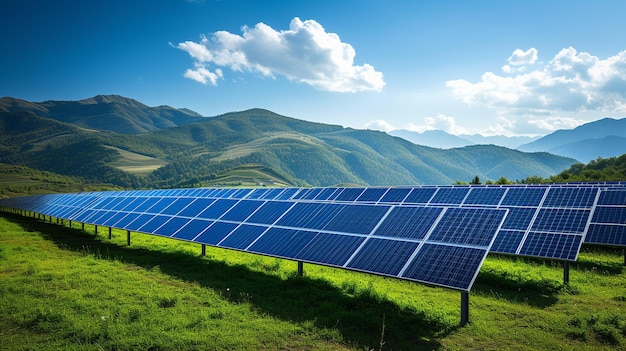 ein Solarpark in der schönen Landschaft an einem sonnigen Tag