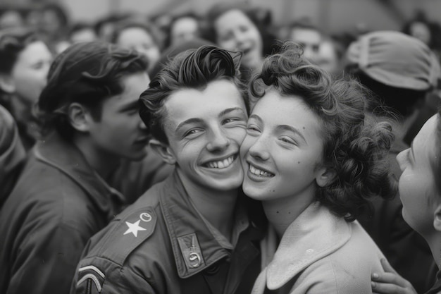 Ein Soldat des Zweiten Weltkriegs feiert den Sieg mit seiner Krankenschwesterfreundin in der Menge.